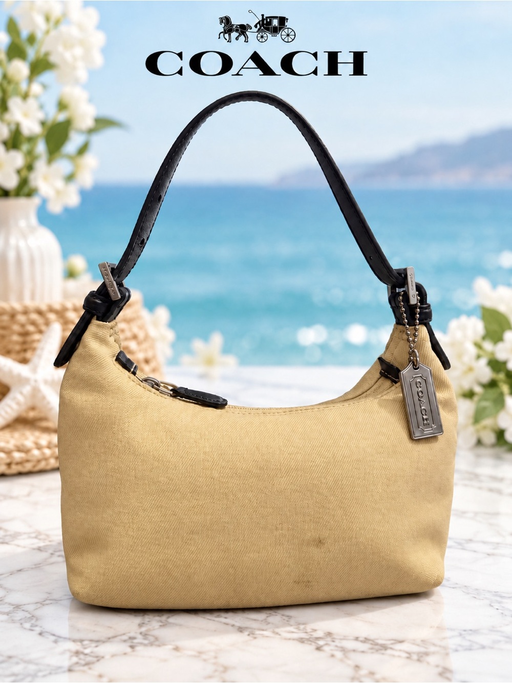 Vintage Coach Mercer 7428 Cream Black Twill Leather Y2K Mini Hobo Bag